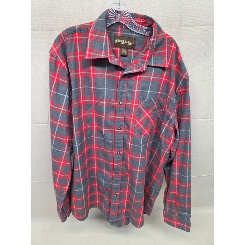 Outdoor Casuals Mens Red Grey Plaid‎ Flannel Button Down Shirt XXL Western Yoke